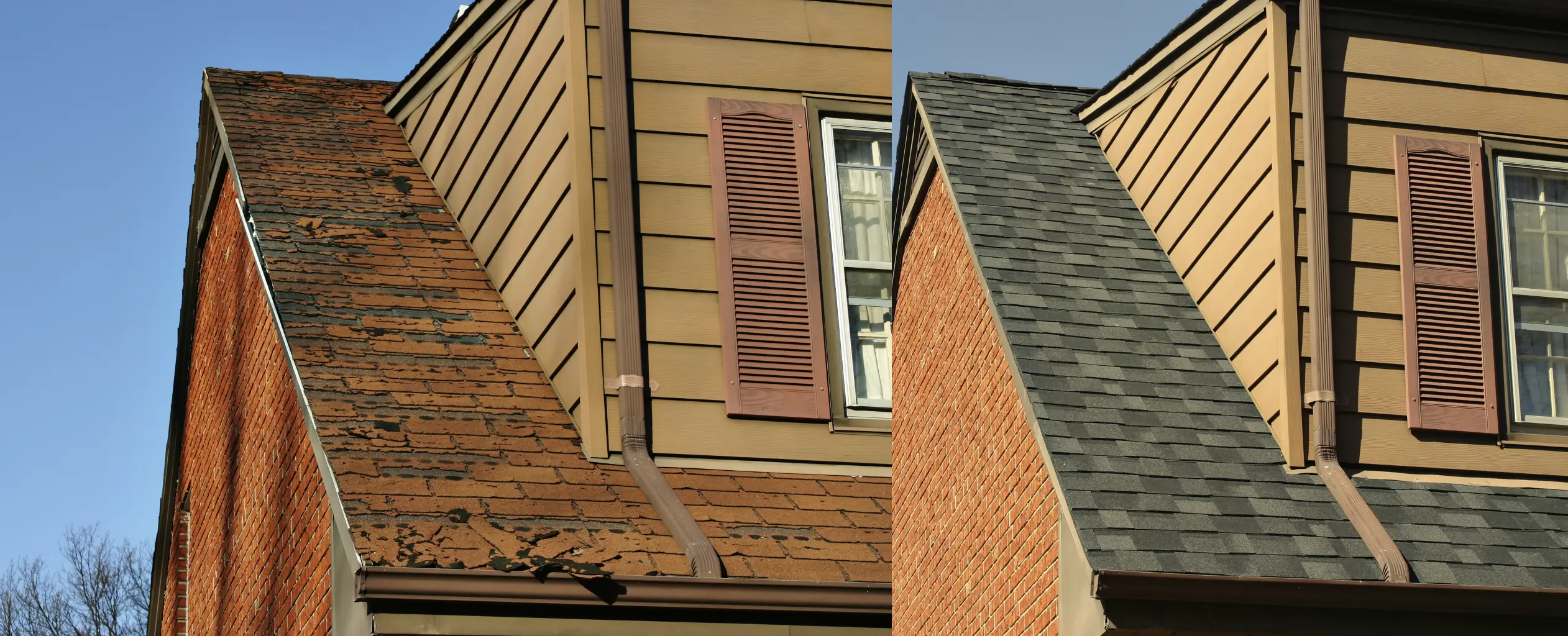 Before-and-after roof restoration completed by WOW Roofing & Gutters on an aging residential roof.